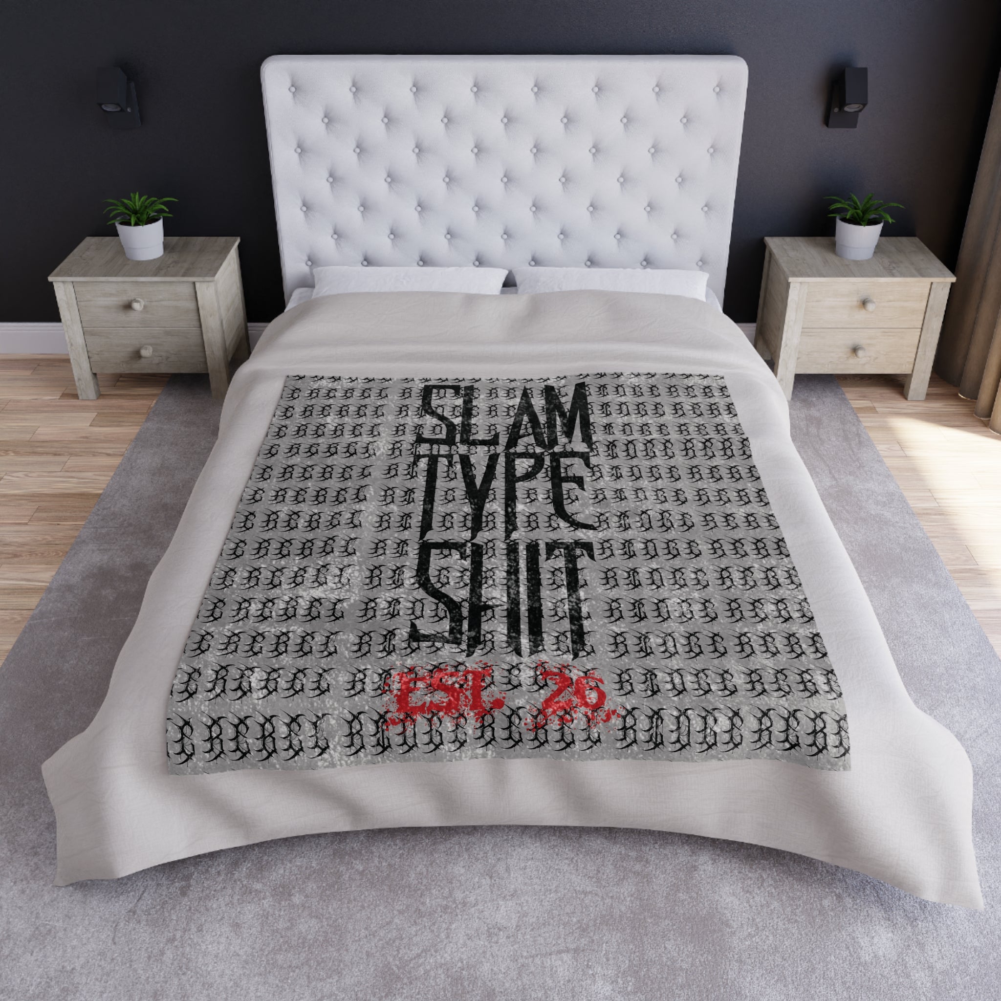 'SLAM TYPE SHIT' Velvet Throw with Repeating Script Pattern