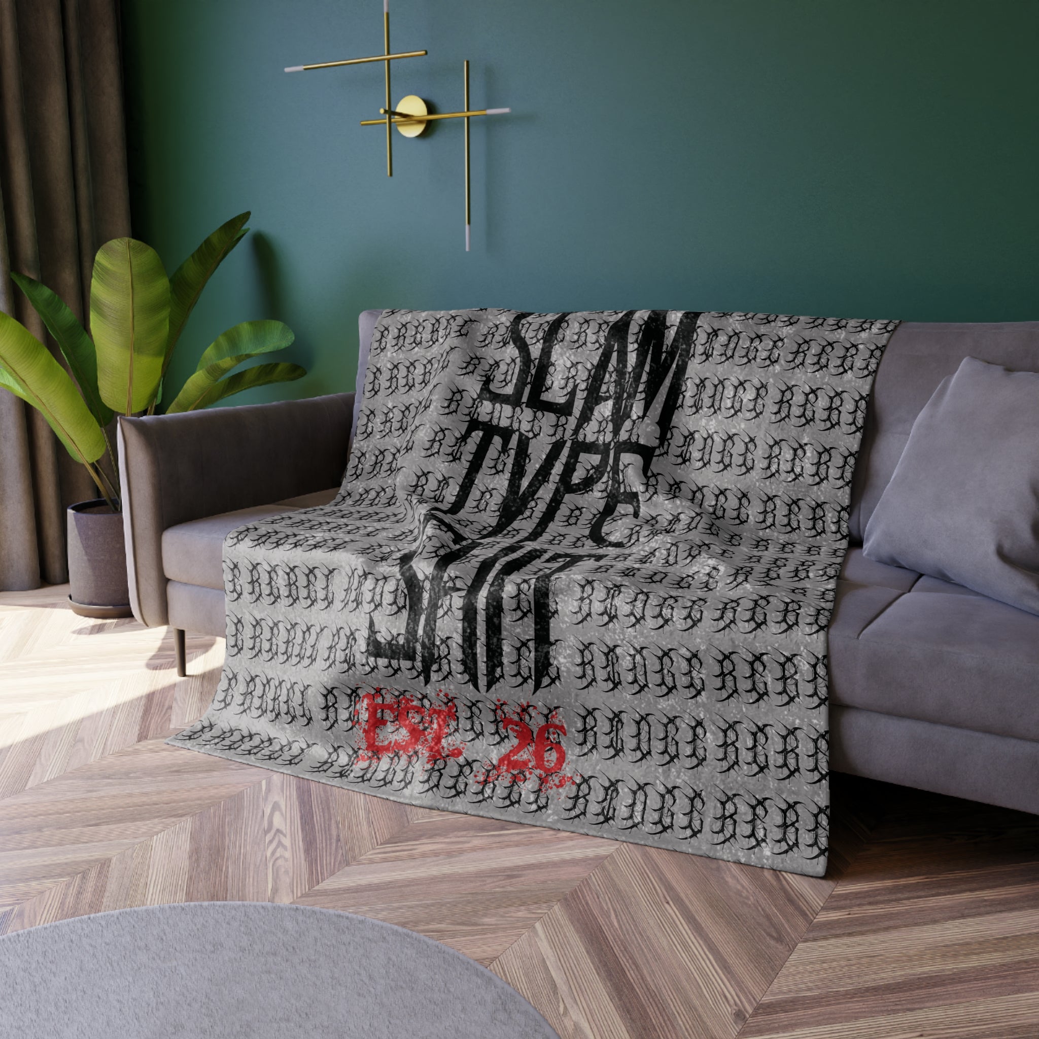 'SLAM TYPE SHIT' Velvet Throw with Repeating Script Pattern